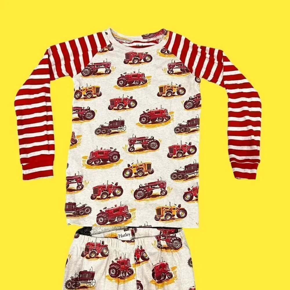 Hatley Kids Size 10 Organic Cotton Tractor Print Pajama Set Red Cream Snug Fit‎